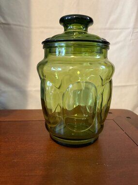 L.E Smith 1970's Glass Biscuit Cookie Candy Jar w/Lid Thumbprint Bubble Green